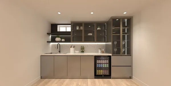 Basement media library wall built-in cabinetry