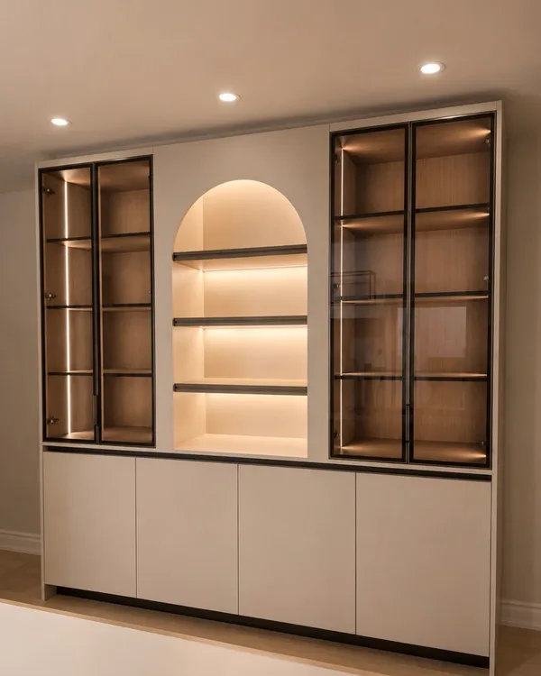 Glass-front display cabinetry with arched illuminated shelving