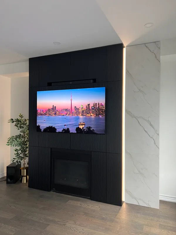 Handleless media wall cabinetry Niagara Falls