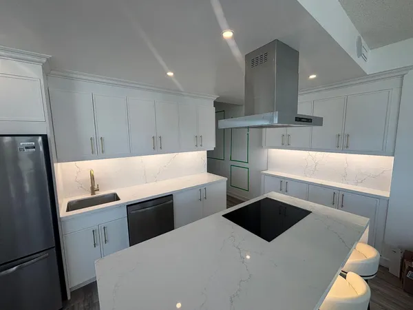 Fluted island paneling modern kitchen Toronto