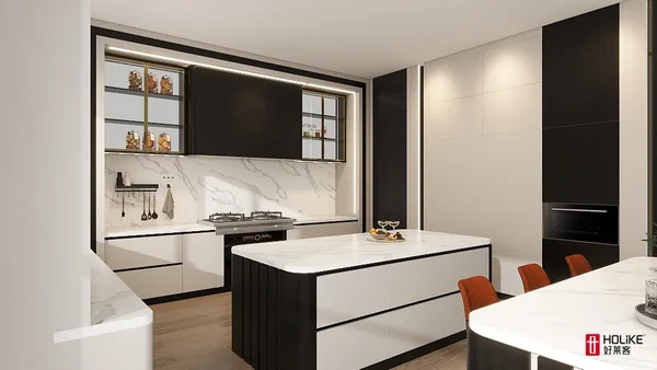 Bayshore kitchen concept with black cabinetry and display shelving