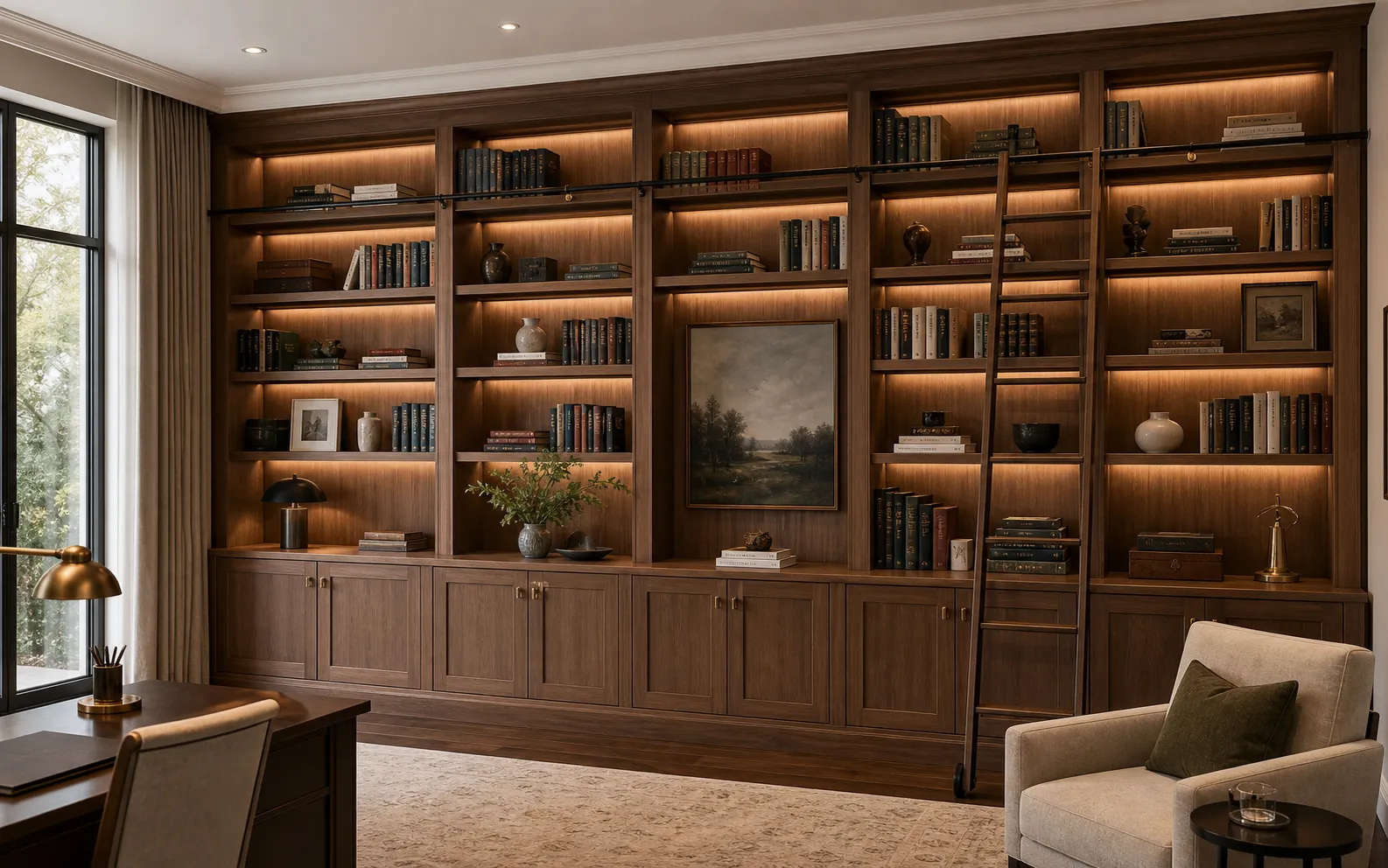 Custom built-in library cabinetry with warm wood shelves and integrated lighting