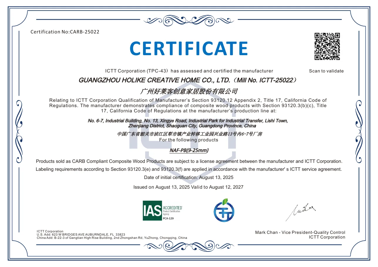 CARB TSCA NAF particleboard certificate preview