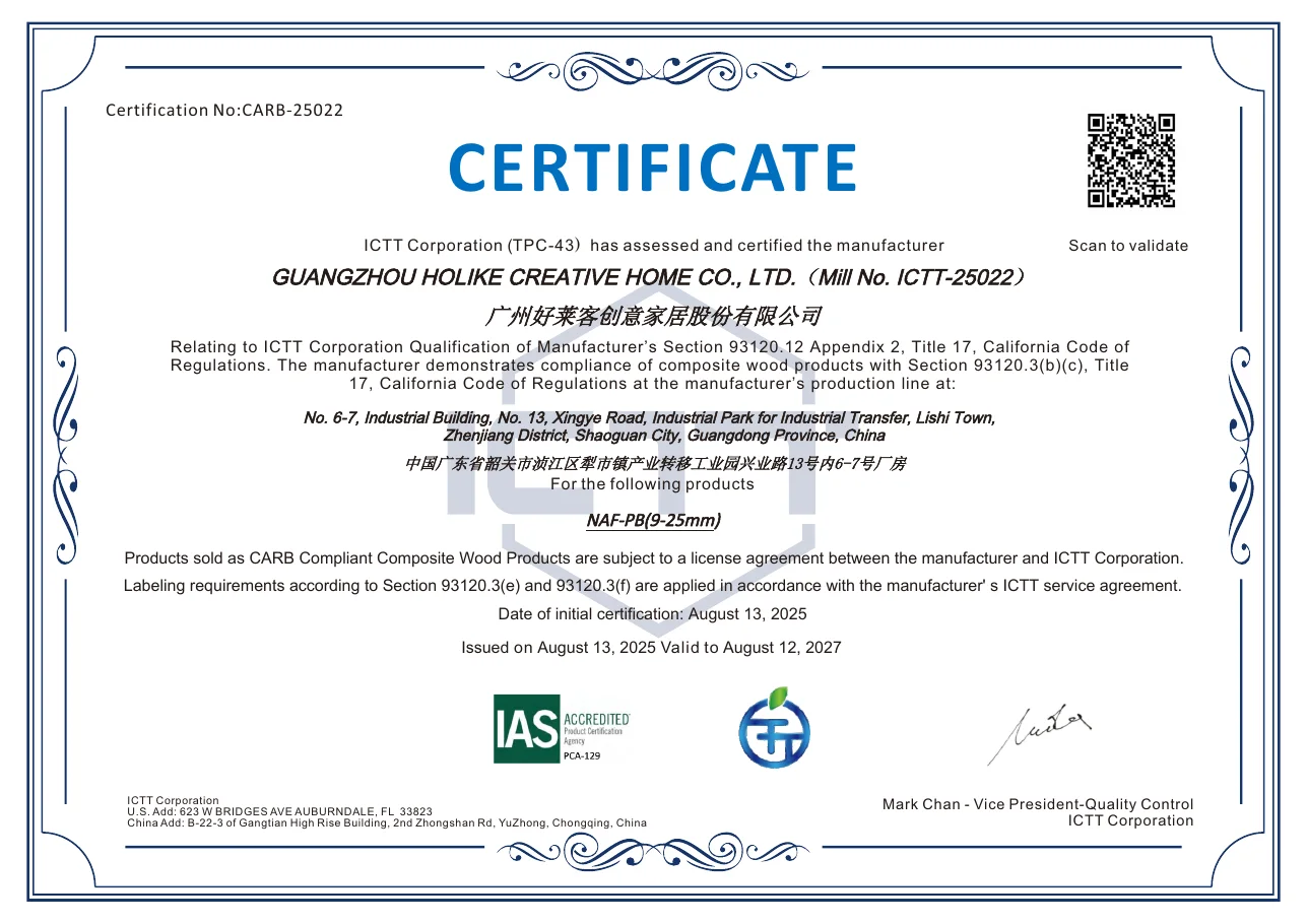 CARB TSCA NAF particleboard certificate