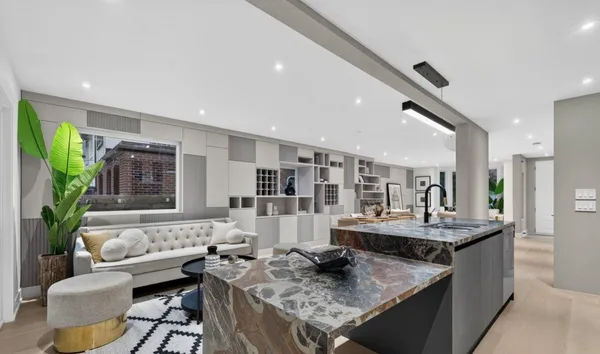 Forest Hill kitchen with stone backsplash and sink wall