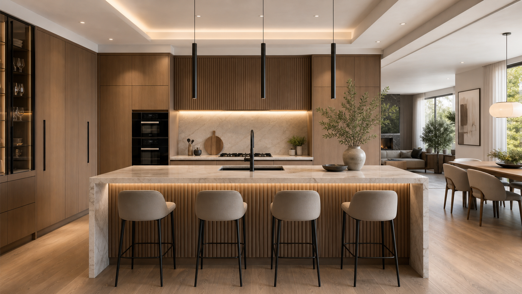 High-end custom kitchen with marble island, integrated cabinetry, and warm millwork
