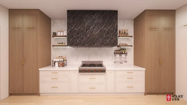Honeybourne kitchen cooking wall with white and wood cabinetry