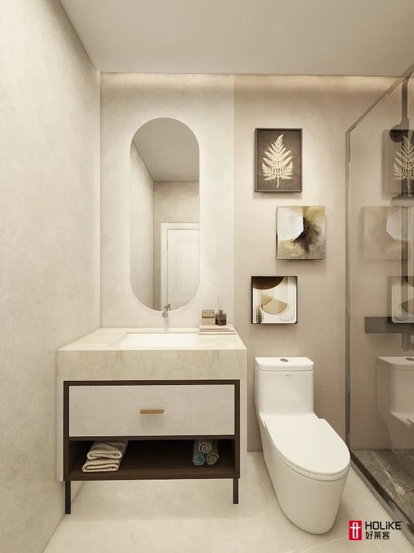 Honeybourne bathroom vanity concept with storage and wall niches