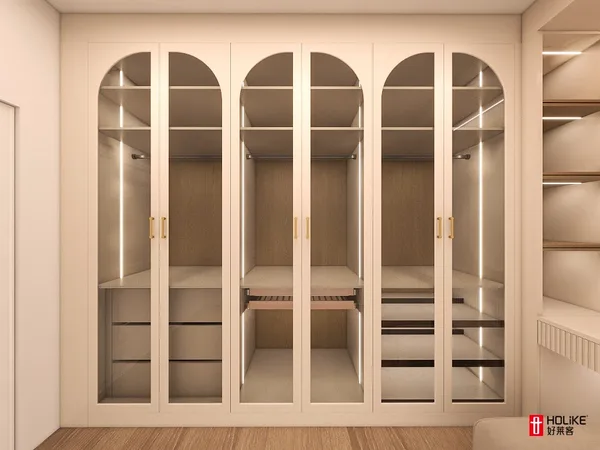 Honeybourne closet system with arched wardrobe panels