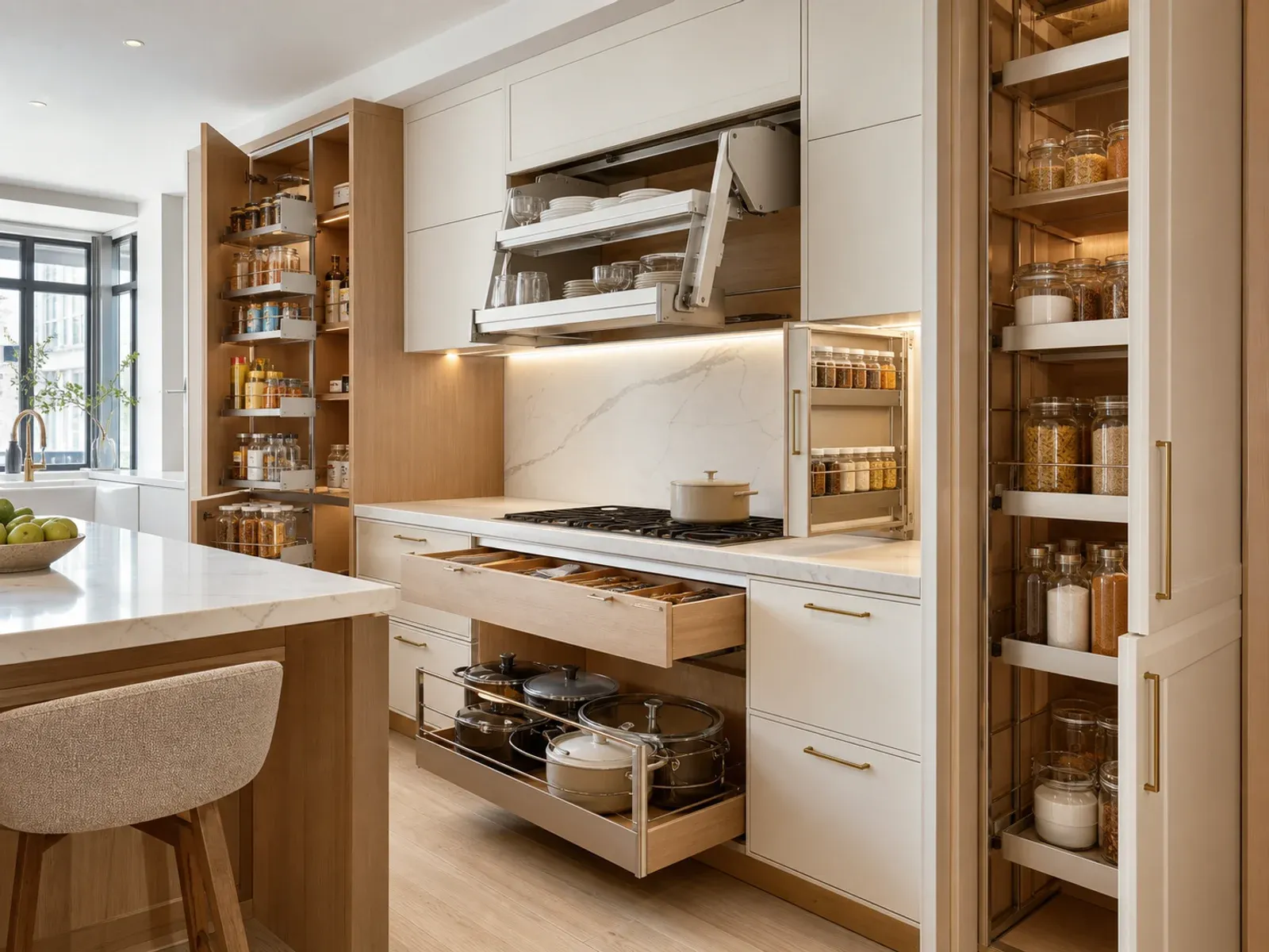 Kitchen cabinet accessory systems including pantry pull-outs, spice racks, and drop-down storage