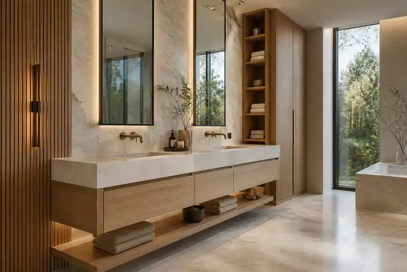 Luxury custom bathroom vanity with warm wood millwork and integrated lighting