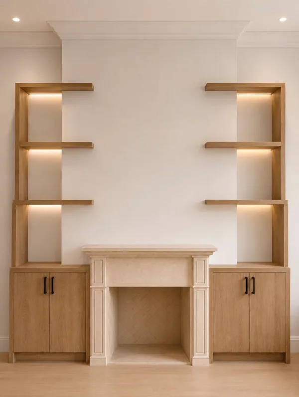 Custom wood fireplace shelving with lower cabinetry
