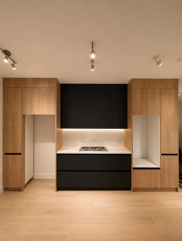 Kitchen wall with black cabinetry, wood towers, and integrated lighting