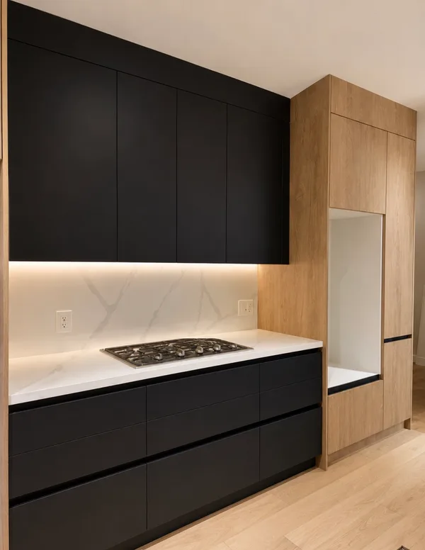 Black and wood kitchen cabinetry with stone backsplash and gas cooktop
