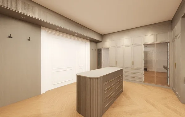 Ninth Line mudroom concept with island and tall storage