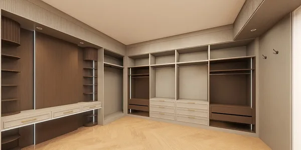 Ninth Line walk-in closet with open shelving and hanging areas