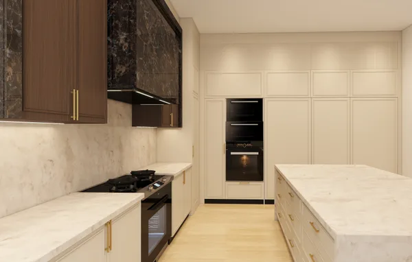 Ninth Line kitchen cooking wall with custom upper cabinetry