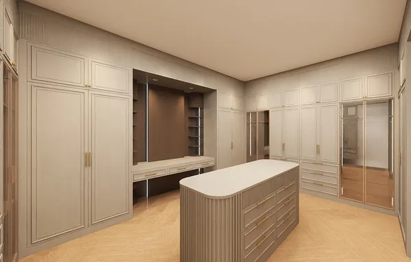 Ninth Line primary walk-in closet with island and open hanging zones