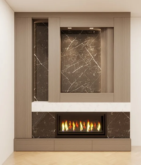 Sunman Court fireplace built-in with stone-look panel