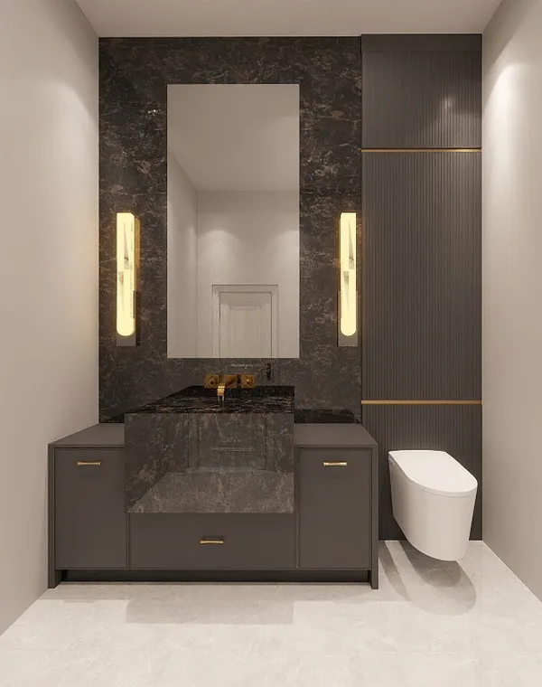 Sunman Court bathroom vanity concept with dark cabinetry