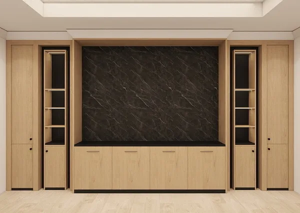Sunman Court custom media wall with fireplace and display cabinets