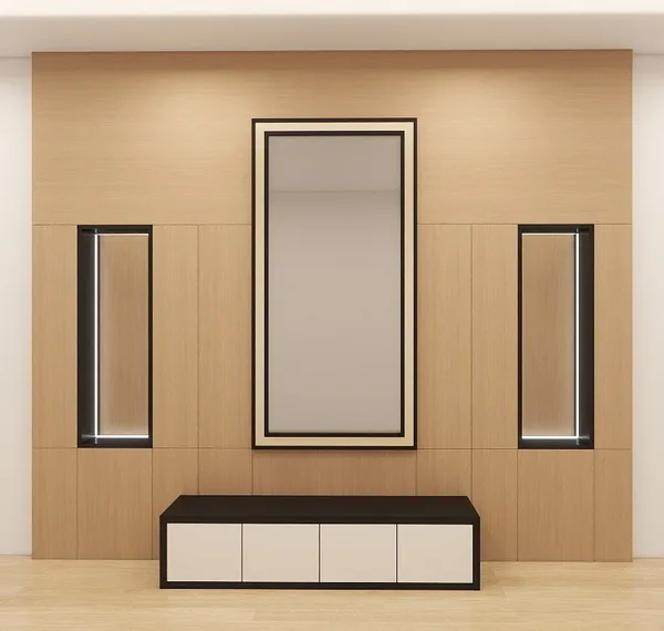 Sunman Court bedroom wall storage with mirror and bench