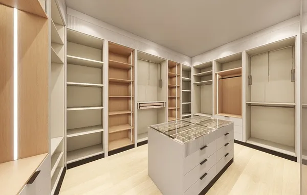 Sunman Court walk-in closet with full-height cabinetry and central island