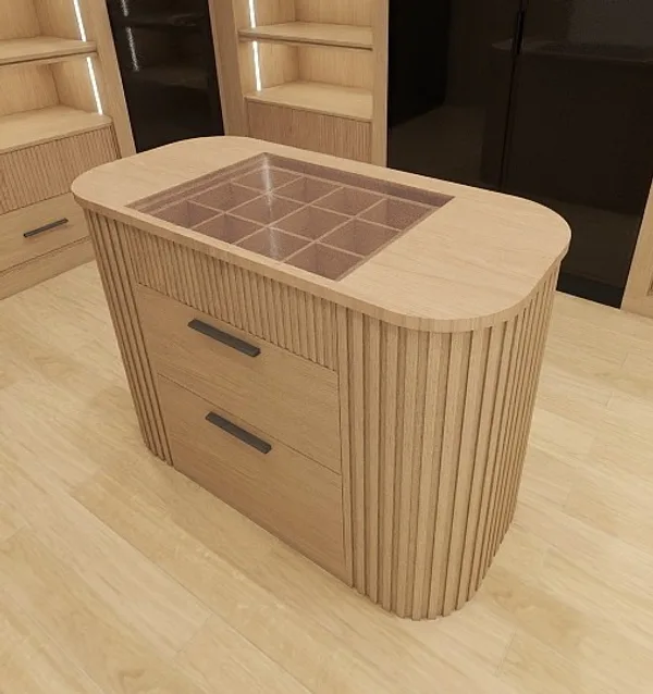 Sunman Court closet island with drawer storage and accessory tray