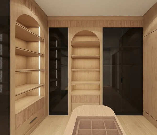 Sunman Court arched closet shelving and glass-front wardrobe